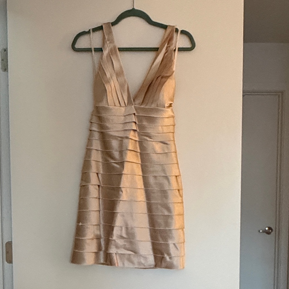 BCBGMaxAzria Tan Pleated Midi Dress